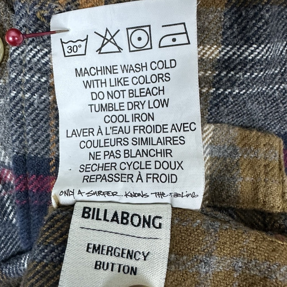 Billabong Baja Flannel Hoodie Shacket L Plaid Core Fit Stretch Brown Blue Red - Picture 7 of 13